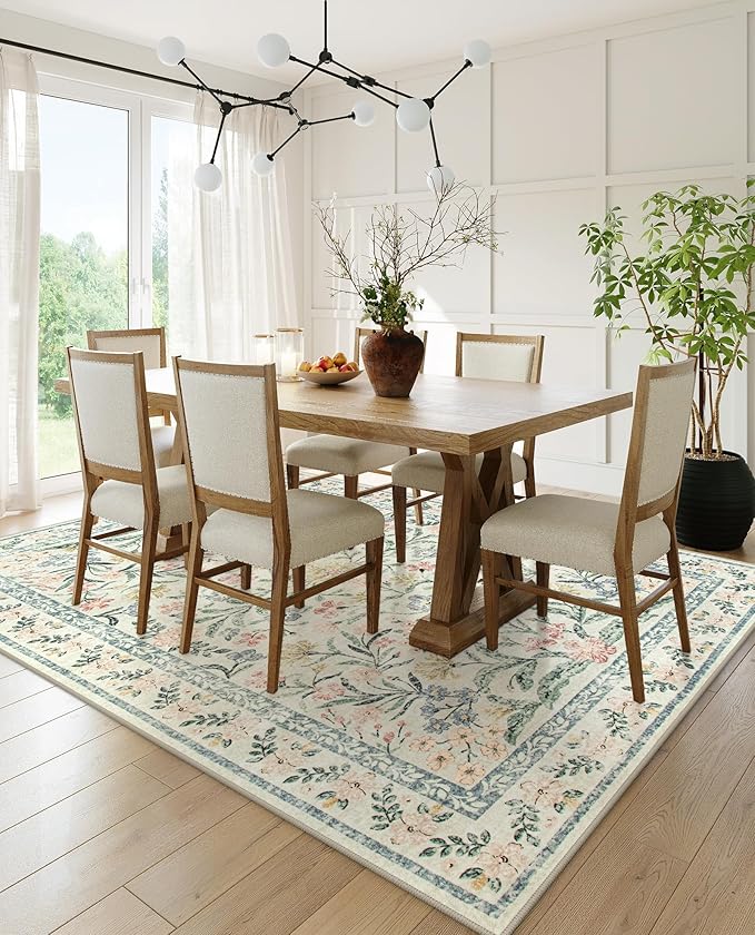 Wonnitar Large Washable 8x10 Rug, Boho Living Room Rug 8 x 10, Soft Floral Carpet for Bedroom Non Slip, Indoor Soft Beige Carpets for Dining Room Apartment Office