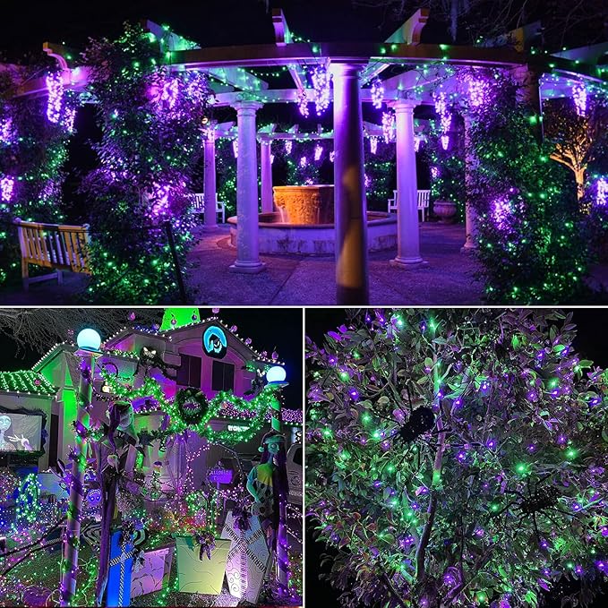 Brizled Purple & Green Halloween Lights, 33ft 100 LED Halloween String Lights 5mm Wide Angle String Lights, 120V UL Certified Connectable Halloween Lights Outdoor for Party Halloween Decor, Black Wire