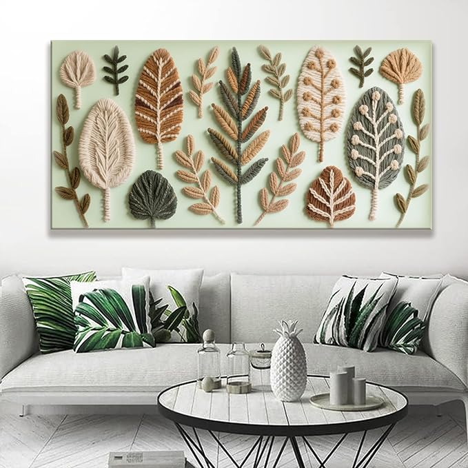 Large Boho Wall Art For Living Room Chic Home Green Wall Art Modern Multicolor Print Paintings Leaves Feather Canvas Wall Art Decor Picture For Bedroom Apartment Kitchen Ready To Hang 29"W X 58"L