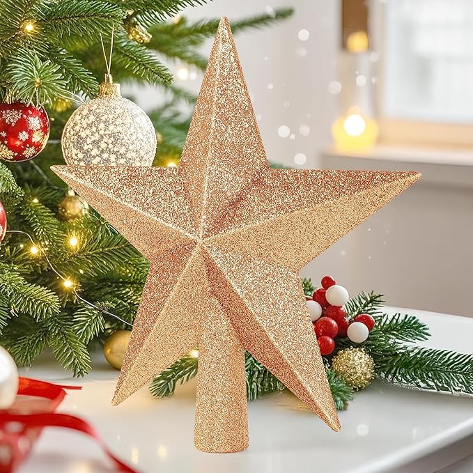 Christmas Tree Star Topper, 8" Champagne Xmas Star Tree Decorations, 3D Shatterproof Bethlehem Star Tree Topper Decorations, Waterproof Xmas Tree Topper Decor for Christmas Home Outdoor Ornament