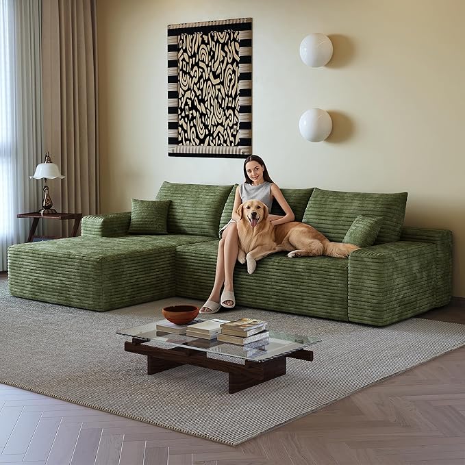 108" Sectional Couches for Living Room Modern Modular Sofa with L-Shape Couchs Upholstered Boneless Couch Deep Seat Sectional Couch with Chaise (Green, Left Facing Chaise+2Seaters)