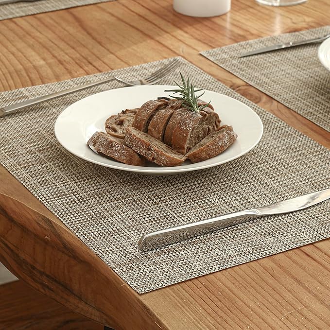 Leetaltree Linen Yellow Placemats Set of 6 - Heat Resistant Non-Slip Place mats for Dining Table, Washable Durable PVC Vinyl Woven Table Mats（Linen Yellow, 6）