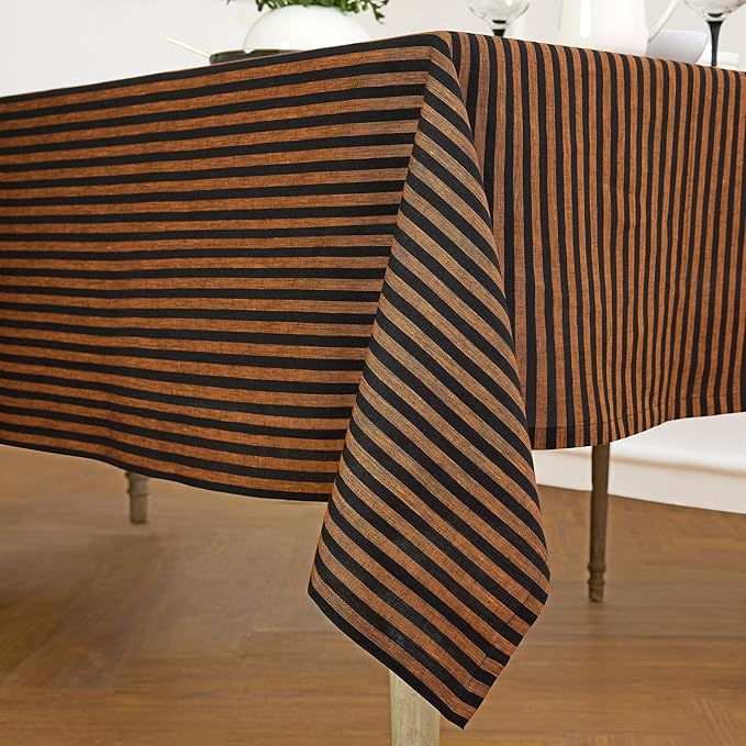 Solino Home Linen Tablecloth 60 x 120 Inch - Amalfi Stripe 100% Pure Linen Pumpkin and Black Table Cloth for Rectangle Tables - Machine Washable Fabric Tablecloth for Fall, Halloween, Thanksgiving