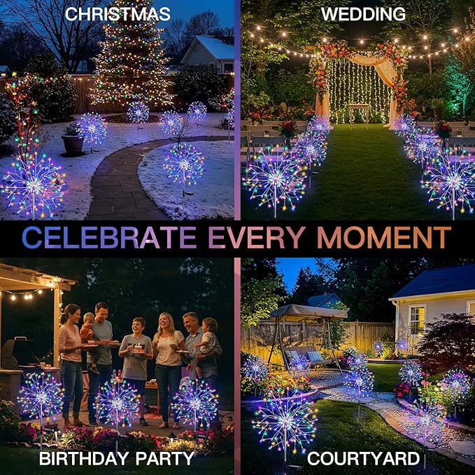 suddus Solar Garden Lights Outdoor Waterproof, Upgrade 2 Pack 150LED Solar Firework Lights, 8 Modes Starburst Fairy Light for Front Yard, Driveway, Bushes, Patio Christmas Decor (Multicolor)