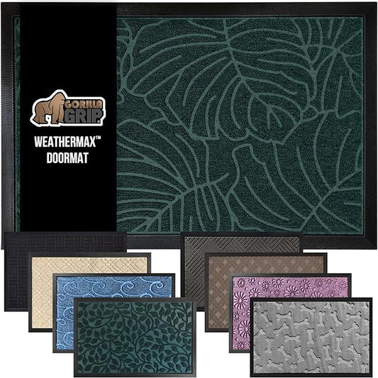 GORILLA GRIP 100% Waterproof All-Season WeatherMax Doormat US Designed Natural Rubber, Stain and Fade Resistant, Low Profile Indoor Outdoor Door Mats, Easy Clean Patio Mat, 17x29, Green Palm