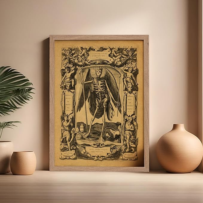 Poster Master Vintage Medieval Poster - Retro Gothic Print - Gift for Artist, Friend - Angel of Death, Memento Mori, Life, Skeleton, Dark - Wall Decor for Home, Living Room, 16x20 Beige Framed
