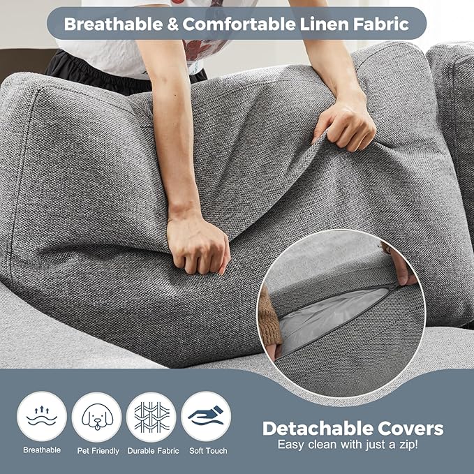 112" L Shaped Sectional Sofa with Detachable Sofa Cover, Reversible Sectional Modular Couch for Living Room, Linen Fabric Corner Couch with 7 Seats, Grey