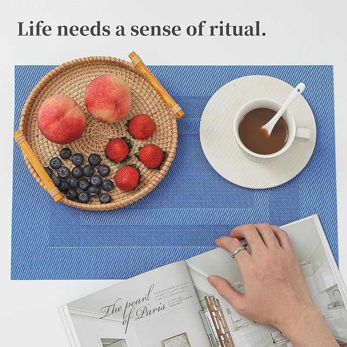 Leetaltree Blue Frame Placemats Set of 6 - Heat Resistant Non-Slip Place mats for Dining Table, Washable Durable PVC Vinyl Woven Table Mats（Blue Frame, 6）