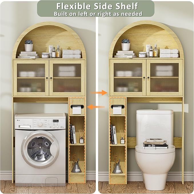 Over The Toilet Storage Cabinet, 31''W Arched Space-Saving Bathroom Organizer with Adjustable Shelf and Acrylic Doors, Freestanding Over Toilet Cabinet for Bathroom, Laundry, Restroom (Oak Wood)