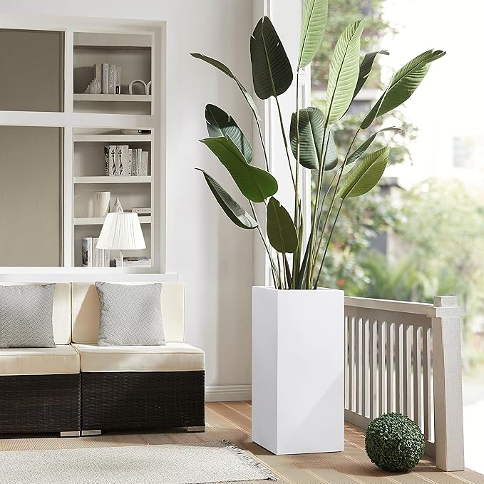 Metallic Heavy Large Planter Box for Outdoor or Indoor, Tall Metal Planters, Rectangular Flowerpot for Front Porch, Garden, Patio ‎25Pounds Pure White, No Assembly 1 Pack