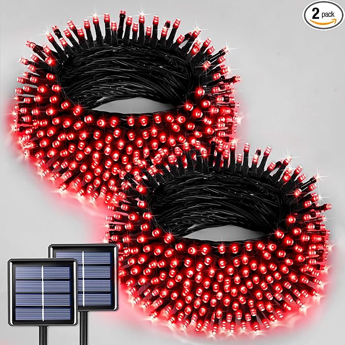 JMEXSUSS 2 Pack Red Solar Lights Outdoor Waterproof, Total 400 LED 151FT Red Halloween Lights, 8 Modes Solar Christmas String Light for Outside Yard Patio Garden Tree Decorations