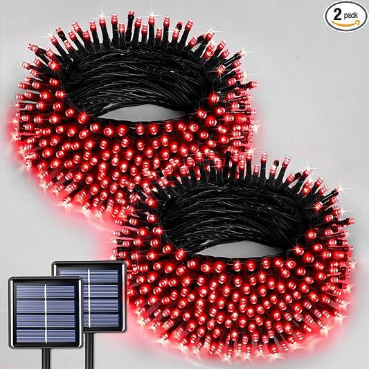 JMEXSUSS 2 Pack Red Solar Lights Outdoor Waterproof, Total 400 LED 151FT Red Halloween Lights, 8 Modes Solar Christmas String Light for Outside Yard Patio Garden Tree Decorations
