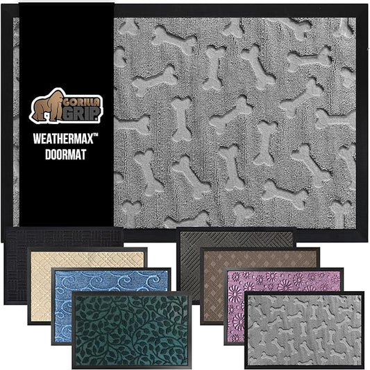 GORILLA GRIP 100% Waterproof All-Season WeatherMax Doormat, US Designed Natural Rubber, Stain and Fade Resistant, Low Profile Indoor Outdoor Door Mats, Easy Clean Patio Mat, 17x29, Light Gray Bones