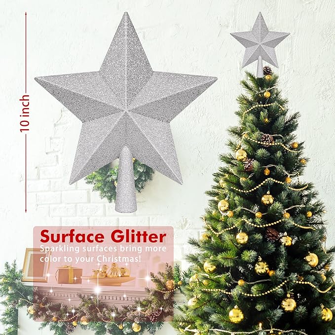 Christmas Tree Decoration, 10" Silver Christmas Tree Topper with Glitter, Large Bethlehem Star Xmas Tree Topper Decor, Waterproof Shatterproof Tree Topper for Christmas Holiday Home Indoor Outdoor