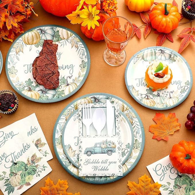 264 Pcs Thanksgiving Plates Napkins Disposable Cutlery Holder Set Thanksgiving Centerpieces for Table Decoration Dinner Autumn Leaves Fall Harvest Wedding Decoration