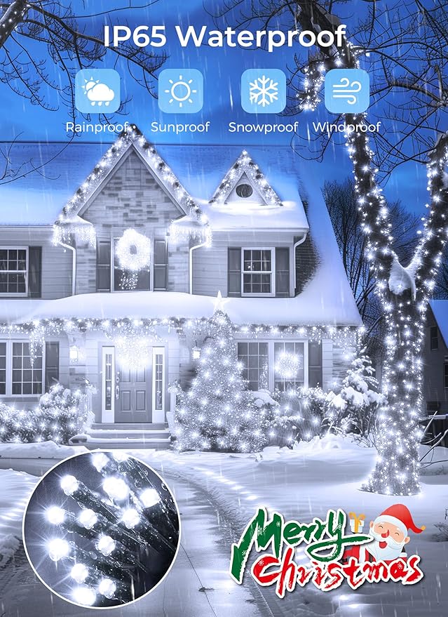 Minetom Solar String Lights for Outside, 4 Pack Total 160FT 400 LED Solar Christmas Lights Outdoor with 8 Modes, Solar Lights Outdoor Waterproof, Solar Christmas String Lights for Tree House, White
