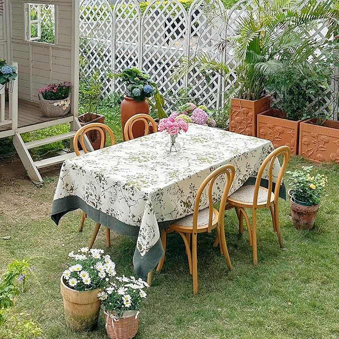 French Jacquard Rectangle Tablecloth, Wrinkle Free Green Table Cloth with Vintage Edge, Floral Outdoor Table Cover for Dining, Farmhouse, Wedding - 60''x108''