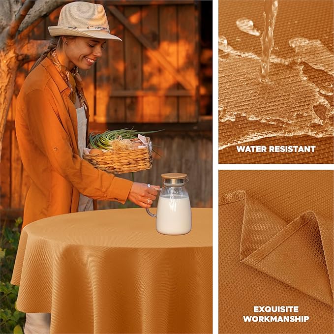 Biscaynebay Fall Tablecloth Textured Fabric Round Tablecloths 90", Bronze Thanksgiving Autumn Harvest Water Resistant Fabric Tablecloths for Kitchen, Dining, Wedding, Parties Machine Washable