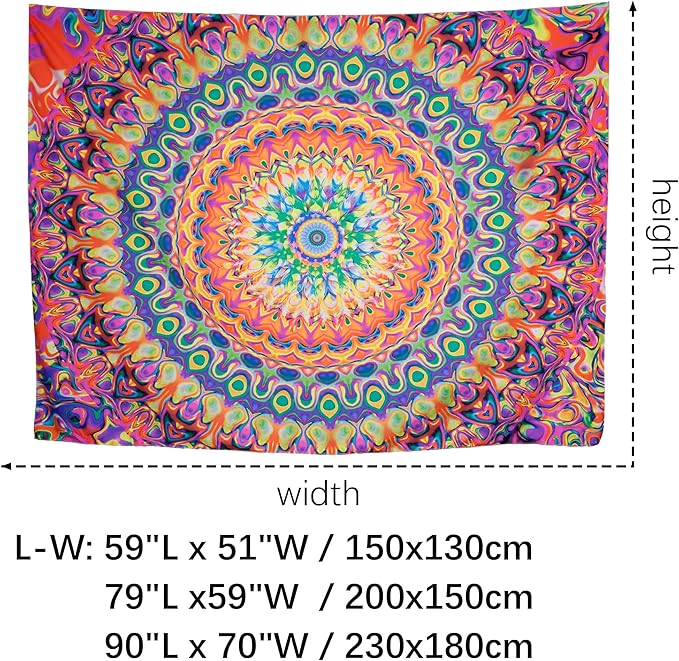 OSVINO Blacklight Colorful Mandala Tapestry 90"x70" Kaleidoscopic Trippy Room Decor Black Light Poster Bohemian Wall Decor for Bedroom Backdrop Decor