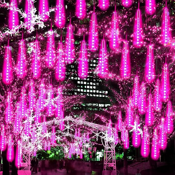 Christmas Meteor Shower Rain Lights, 10 Tube 12 Inch 240 LEDs Icicle Outdoor Raindrop for Xmas Halloween Wedding Party Tree Holiday Decoration, Pink