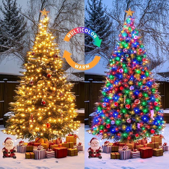 JMEXSUSS 2 Pack Warm White & Multicolor Solar Christmas Lights Outdoor, Each 100 LED 33ft Solar Color Changing Lights Outdoor Waterproof for Christmas Tree Decorations
