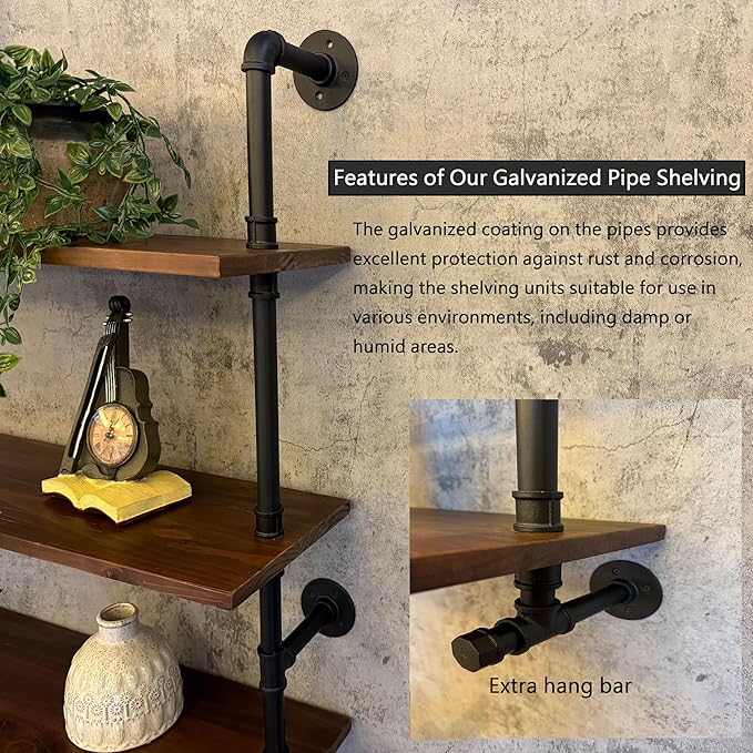 Industrial Pipe Wall Shelves Pipe Shelving with Real Wood Plank ,48 Inches Floating Shelves for Wall Farmhouse Pipe Book Shelves Dark Brown 5 Tier for Kitchen,Living Room Decor and Bar Shelving