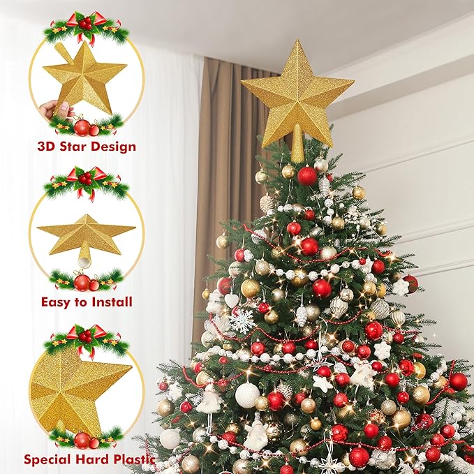 Christmas Tree Topper, 1PCS 10" Gold Glitter Star Tree Topper, Large Xmas Shatterproof Mini Bethlehem Star Tree Topper Decorations, Waterproof Christmas Decor for Holiday Home Outdoor Ornament