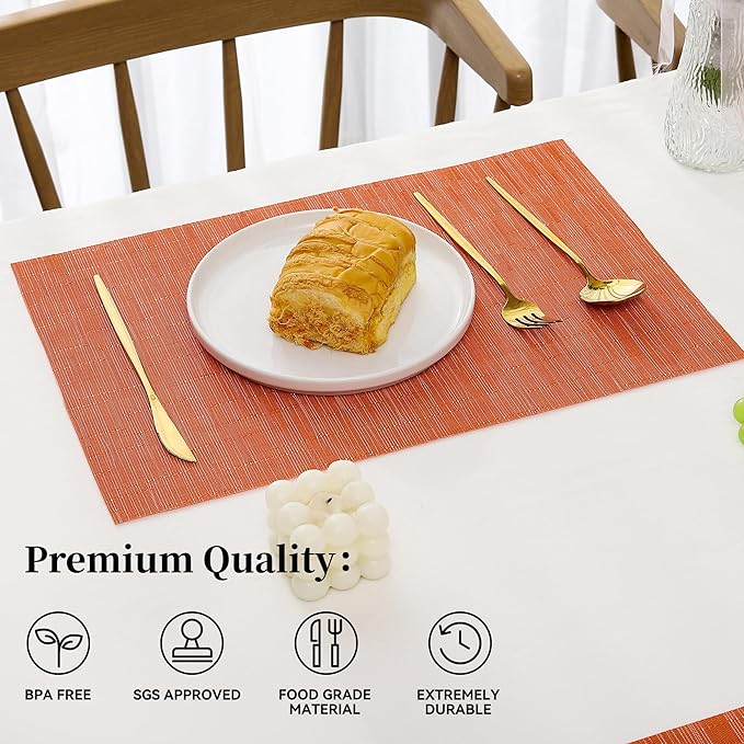 Leetaltree Orange Placemats Set of 4 - Heat Resistant Non-Slip Place mats for Dining Table, Washable Durable PVC Vinyl Woven Table Mats（Orange, 4）