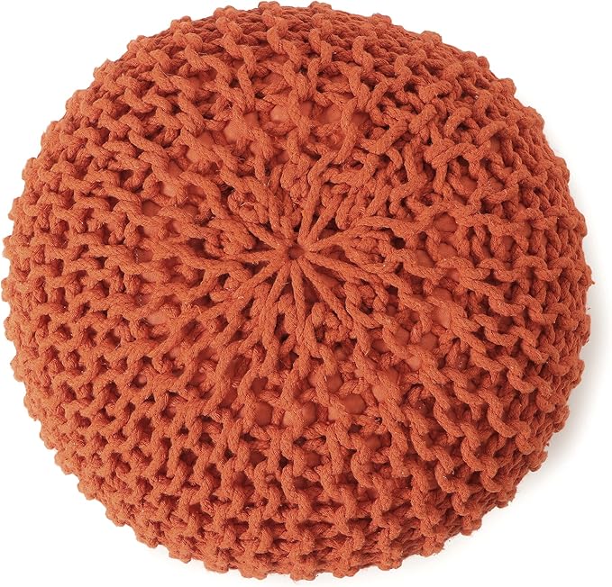 REDEARTH Round Pouf Ottoman - Hand Knitted Cable Boho Poof - Pouffe Circular Footrest for Living Room - Bedroom - Patio - 100% Cotton (19.5"x19.5"x14") - Burnt Orange