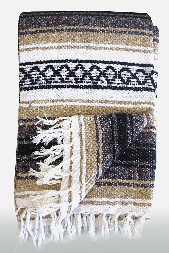 Del Mex Classic Mexican Blanket, Large Authentic Woven Falsa Throw (70"x50"), Artisan Southwest Décor for Beach, Yoga, Outdoors (Tan)