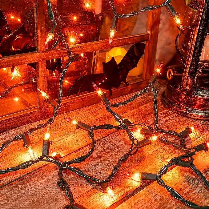 Orange Halloween Tree Lights with Green Wire,13ft 50 Incandescent Bulb Waterproof Fairy Lights，Plug in Mini String Lights for Christmas, Patio, Holiday, Party, Home, Indoor Outdoor Decor