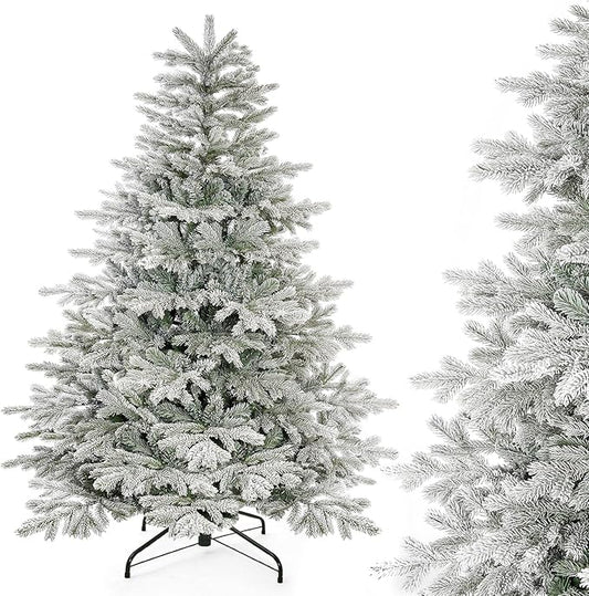 Decoway 5ft Artificial Christmas Tree, Unlit Snow Flocked Xmas Tree with 1081 Branch Tips and Sturdy Metal Stand for Indoor Outdoor Home Decoration