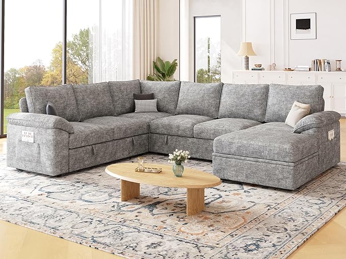108 Inch Modular Sectional Sofa with Pull Out Bed,U Shaped 7 Seat Sectional Sleeper Sofa with Storage,Sectional Couches for Living Room,Cloud Modular Couch,Removable Sofa Cover,Light Gray