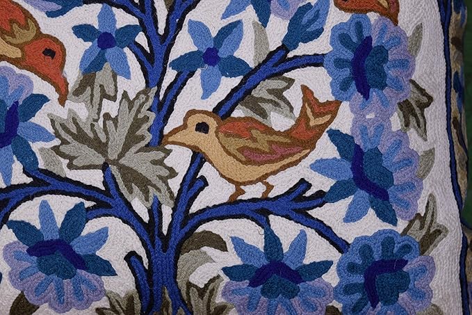 Blue Tree of Life Pillow Cover Blues Birds Floral Decorative Pillowcase Flower Outdoor Suzani Cushion Needlepoint Hand Embroidered Wool Size - 18x18