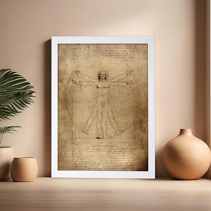 Poster Master Classic Leonardo Da Vinci Poster - Vintage Renaissance Print - Gift for Artist, Friend - Vitruvian Man, Proportion, Symmetry, Human Body - Wall Decor for Office, 16x20 White Framed