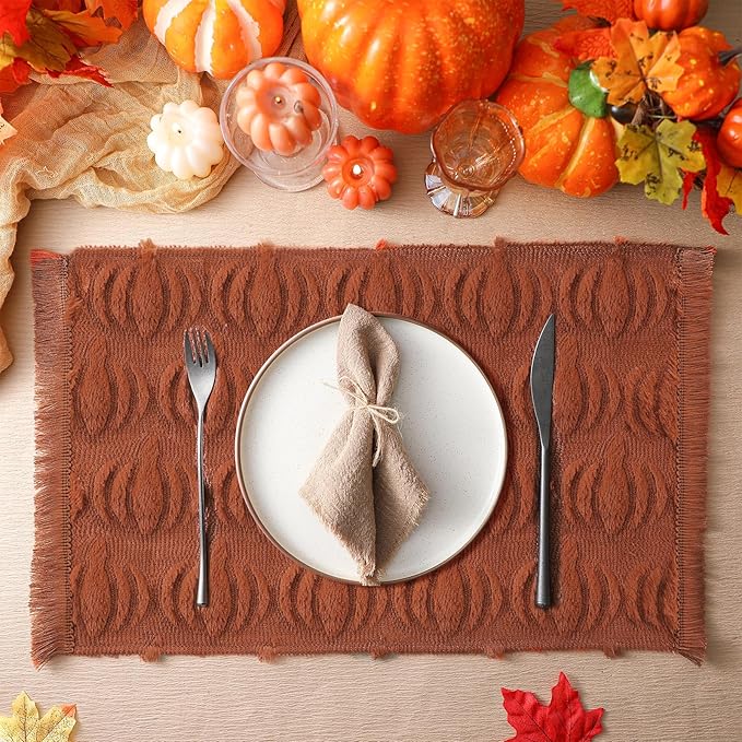 Nuanchu 4 PCS Rust Pumpkin Fall Placemats 13 x 19 Inch Autumn Harvest Soft Plush Faux Fur Wool Table Mats Thanksgiving Placemats for Party Kitchen Dining Decoration