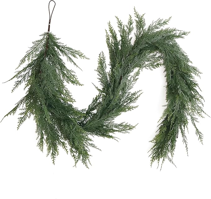 2PCS 9FT Christmas Cedar Garland Full Real Touch Artificial Green Faux Cypress Realistic Pine Garland for Mantle Fireplace Table Home Decoraiton