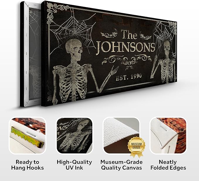 Tailored Canvases Gothic Family Wall Decor - Personalized Grunge Vintage Skeleton Room Decor for Home, Halloween Lovers, Men & Women for Bedroom, Living Room - Goth Spooky, Custom Couple Name, 20"x10"