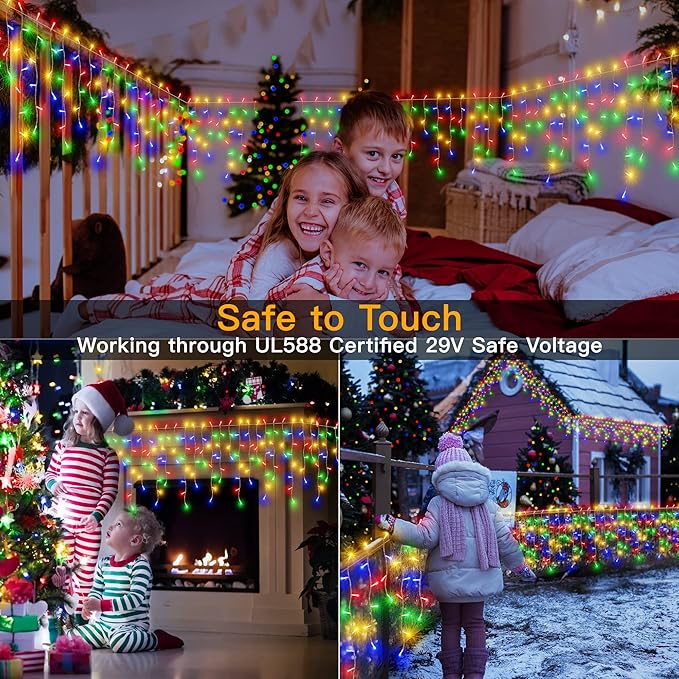 Ollny Icicle Lights Outdoor Multicolor, 594LED 49FT Christmas Lights with Remote 8 Modes Dimmable, Waterproof Connectable Timer Hanging Light for House Outside Yard Indoor Decorations