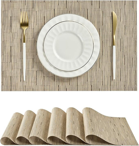 Leetaltree Light Brown Placemats Set of 6 - Heat Resistant Non-Slip Place mats for Dining Table, Washable Durable PVC Vinyl Woven Table Mats（Light Brown, 6）