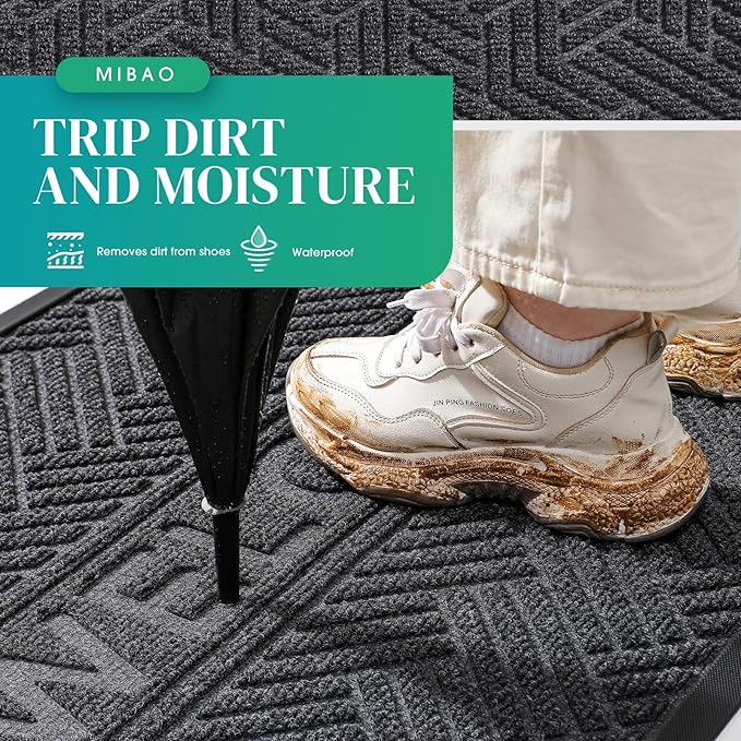 Mibao Front Door Mat Outside Entrance, Durable Outdoor Indoor Mat, Low Profile Heavy Duty Doormat, Non-Slip, Traps Dirt and Moisture, Easy Clean Patio Porch Entryway Mat, 36" x 24", Grey