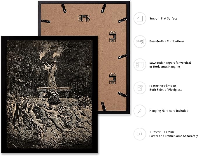 Poster Master Vintage Gustave Dore Poster - Retro Illustration Print - Gift for Gothic, Horror Fan - Dance of Sabbath, Witch, Magic, Spell - Wall Decor for Bedroom, Dorm, 16x20 Black Framed