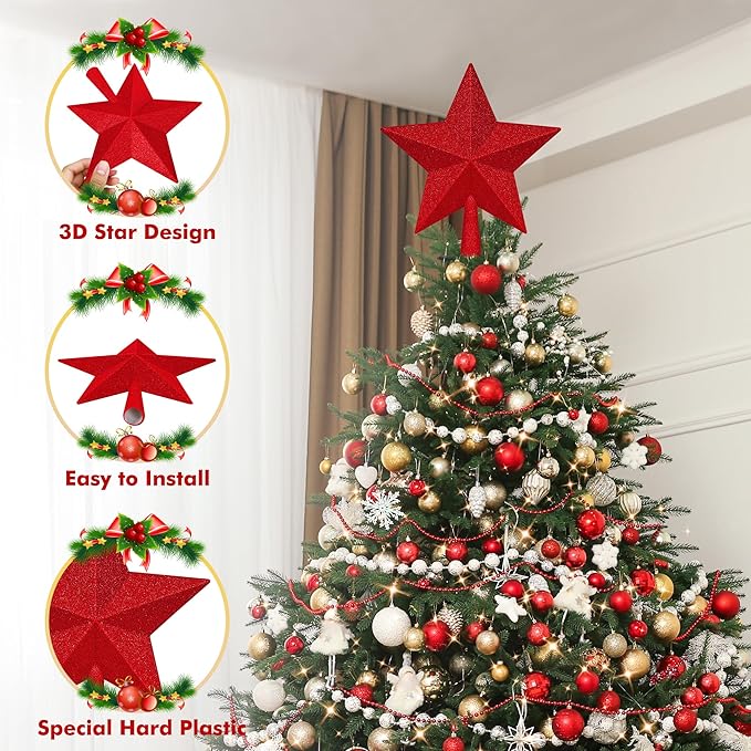 Star Tree Topper, 10" Red Christmas Tee Topper Decorations, Glitter 3D Xmas Bethlehem Star Waterproof Shatter-Proof, Christmas Tree Topper Ornament Decor for Christmas Holiday Party Indoor Outdoor