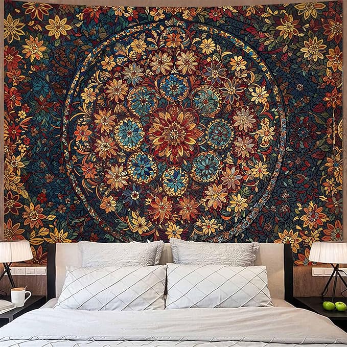 Fowocu Boho Floral Mandala Tapestry Wall Hanging Vintage Bohemian Flower Medallion Tapestry Aesthetic Orange Stained Glass Hippie Extra Large Tapestries for Bedroom Living Room Dorm Decor 90 x 68 Inch