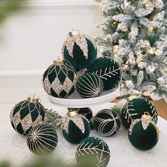 4inch Velvet Ornaments for Christmas Tree, 9PCS Glitter Flocked Christmas Ornaments Decorations Balls Set Decor Green