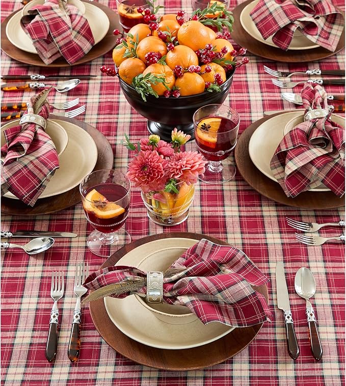 Solino Home Plaid Linen Tablecloth 60 x 90 Inch - 100% Pure Linen Burgundy Tartan Plaid Table Cloth for Rectangle Tables - Machine Washable Tablecloth for Christmas
