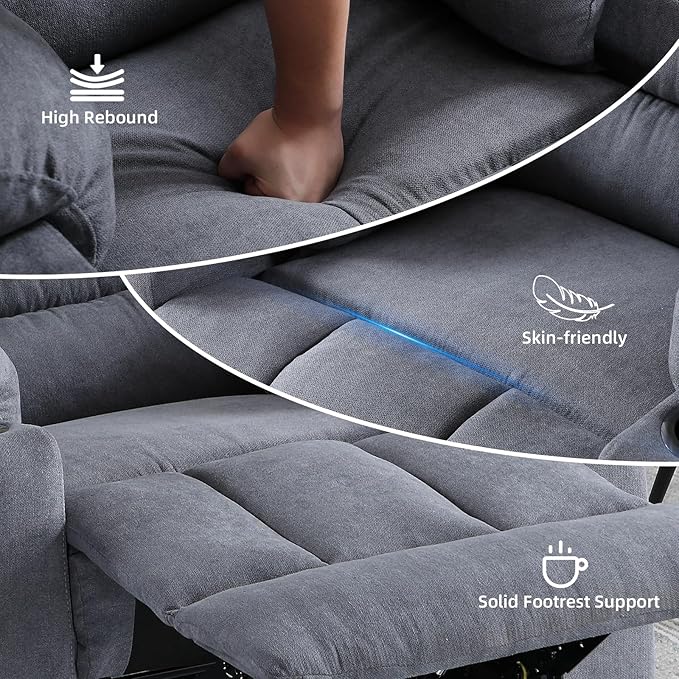 Rocker Recliner Chair with Heat and Massage, 360° Swivel Recliner Chairs for Adults, Heavy Duty Reclining Sofa Chair with USB Port Cup Holders Side Pockets for Living Room (Grey)