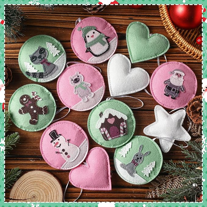 12 Pcs Christmas Felt Ornaments for Tree Santa Claus Snowman Gingerbread 3D Pink Pastel Mint Turquoise Decoration Hanging Felt Craft for Christmas Party Favors Gifts