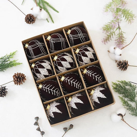 3.15INCH Brown Velvet Ornaments for Christmas Tree, 12PCS Glitter Flocked Christmas Ornaments Decorations Balls Set Decor