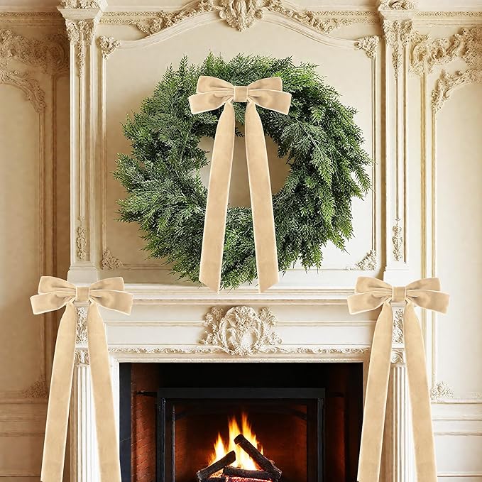 Senjie Velvet Large Christmas Bows for Staircase Garland Wreath, 20in x 8in Vintage Ribbon Bows with Twist Tie for Xmas Tree Holiday Indoor Outdoor Decorations (6Pcs, Khaki)